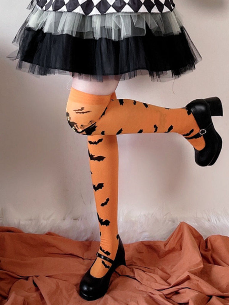 Calze sopra il ginocchio a pipistrello arancione Halloween
