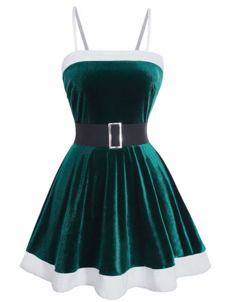 Mini abito natalizio in velluto e peluche con spalline sottili anni '70