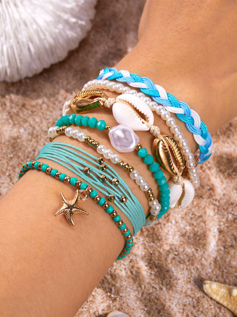 7PCS di Bracciali Blu Intrecciati a Strati con Conchiglie e Perline
