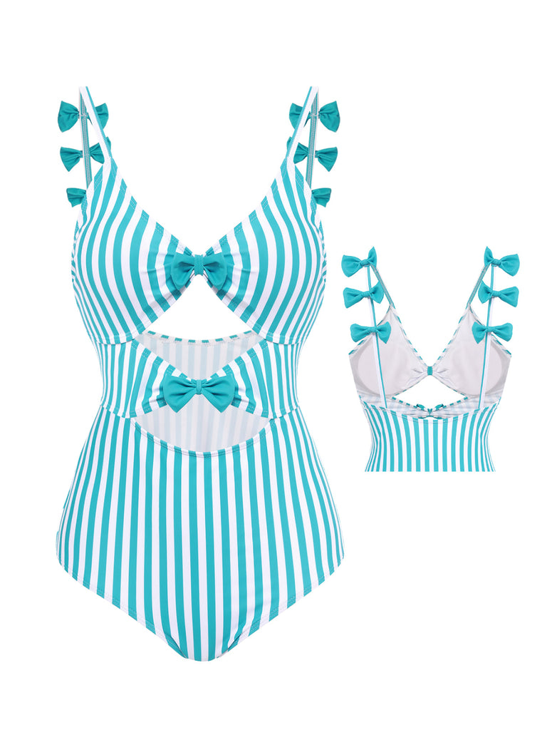 Costumi intero a righe fiocco cava spalline sottili blu anni '60