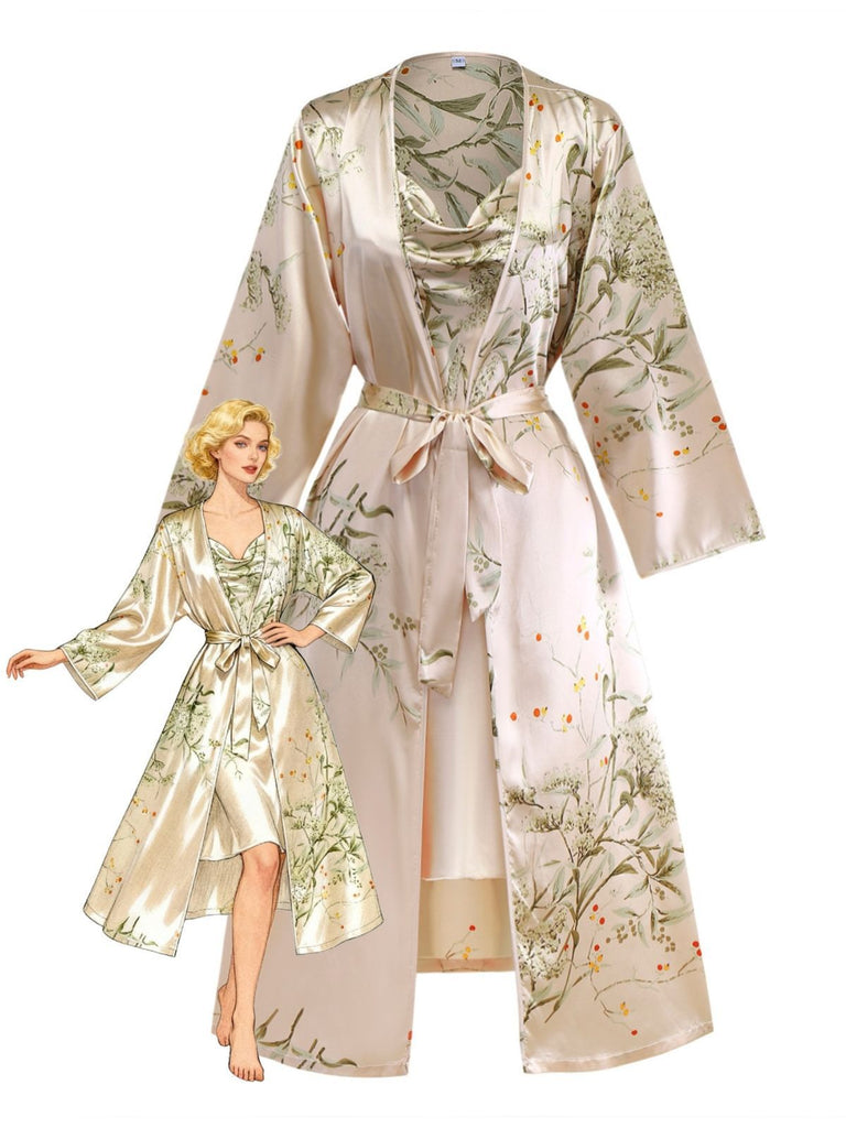 2PCS Camicia da notte in raso con floreali e vestaglia abbinata anni '50