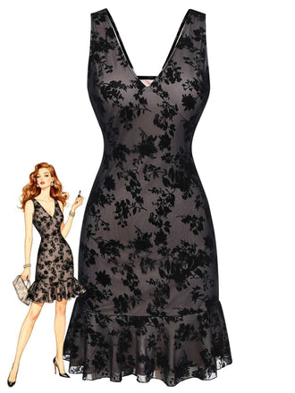 Abito floreale con scollo a V orlo a balze e rete floccata anni '60