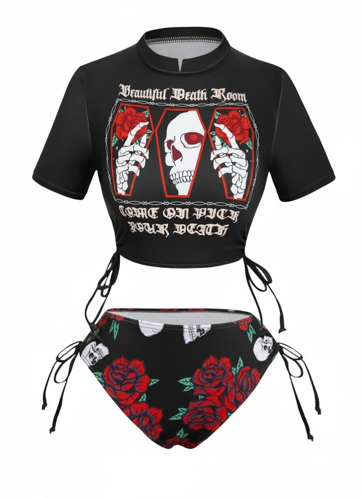 Tankini con grafica a teschio e rosa nero anni '80