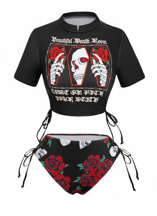 Tankini con grafica a teschio e rosa nero anni '80