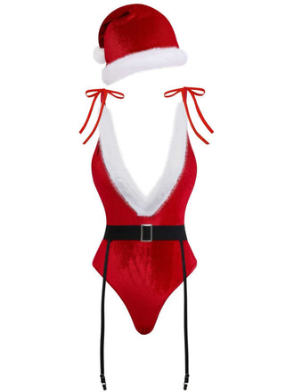 Body natalizio in peluche con scollo a V profondo e cappello anni '70