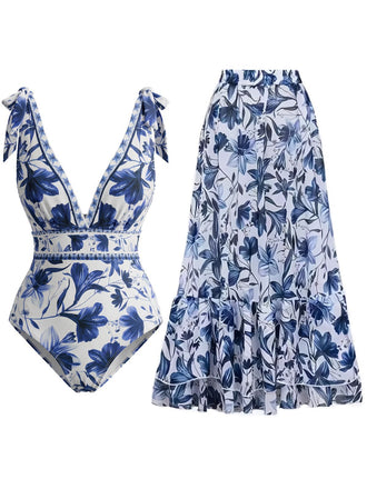 [Prevendita] 2PCS Costumi intero floreale scollo a V e copricostume blu anni '40