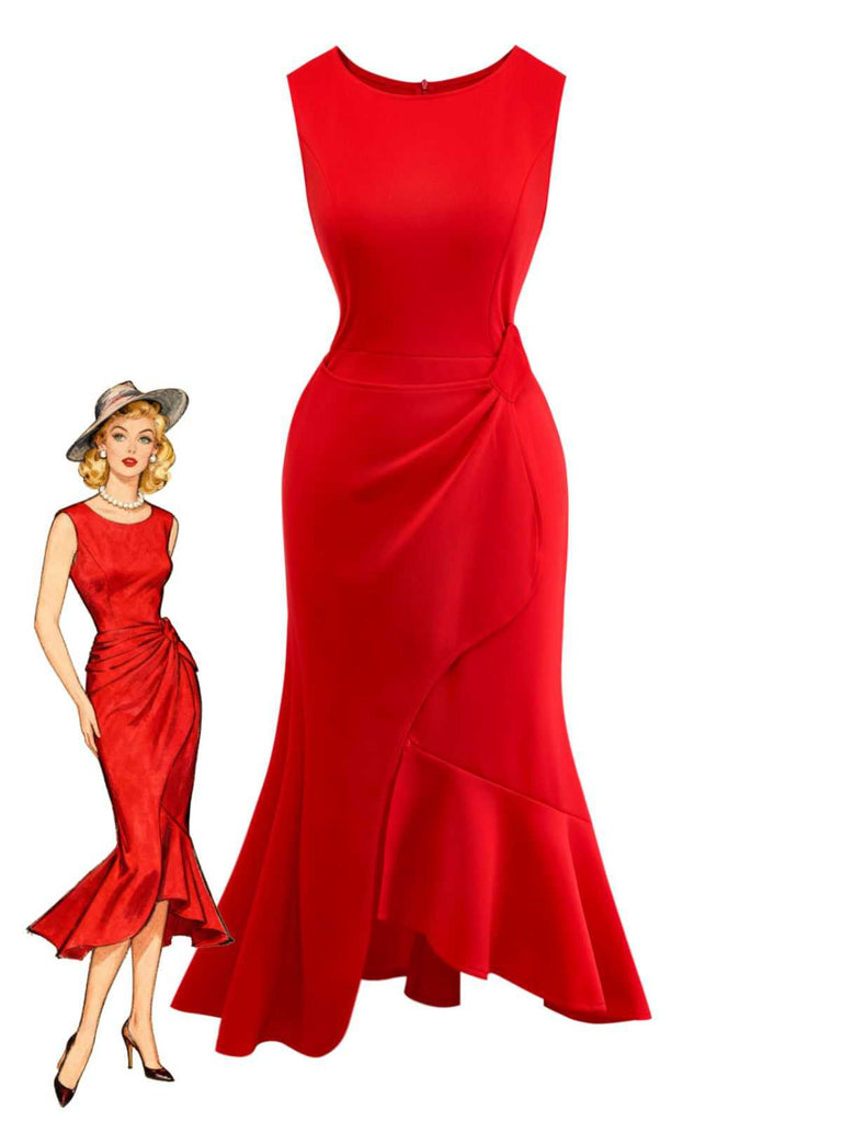 Abito asimmetrico senza maniche con orlo a balze rosso anni '60