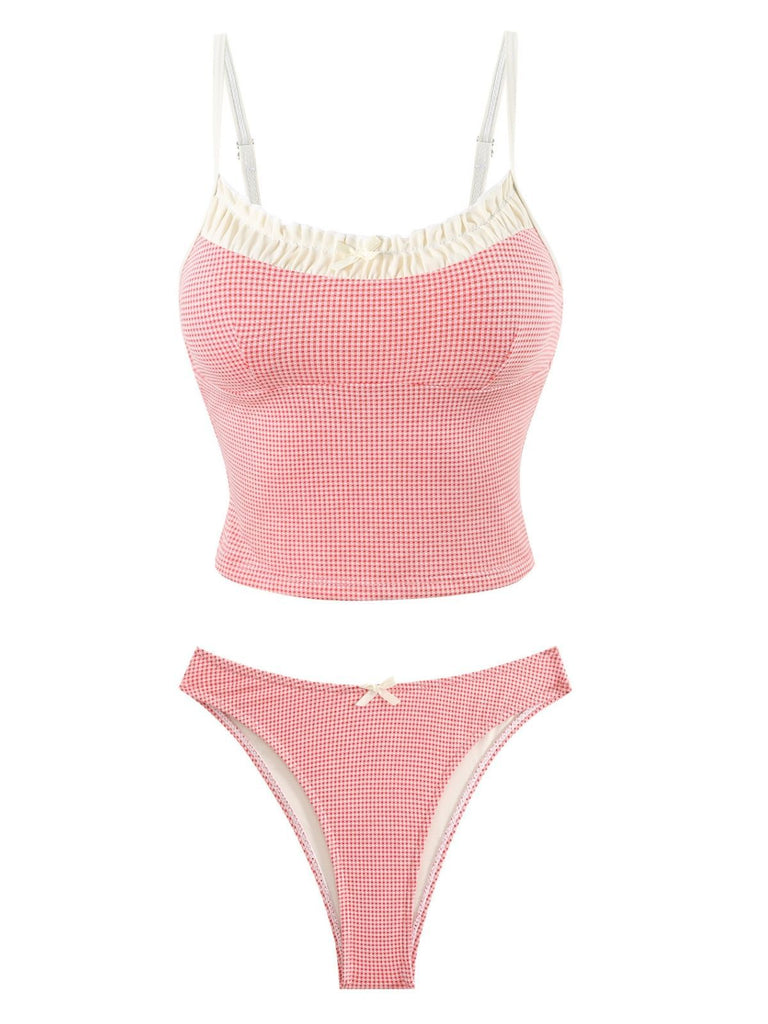Completo tankini a quadri con pizzo rosso anni '50