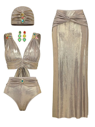 [Prevendita] 5PCS Bikini metallizzato dorato con gioielli ispirato all'Egitto anni '80