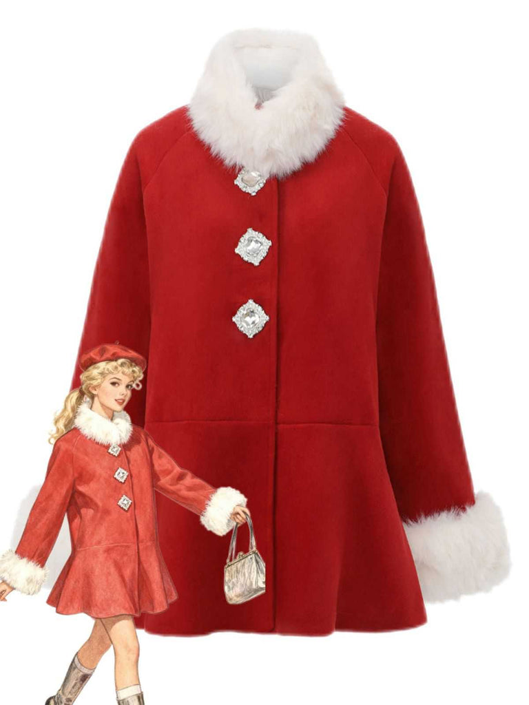 Cappotto in cristallo e finiture in pelliccia sintetica rosso anni '80