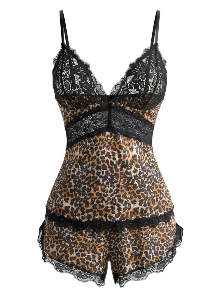 Pigiama in pizzo leopardato con spalline sottili marrone anni '70