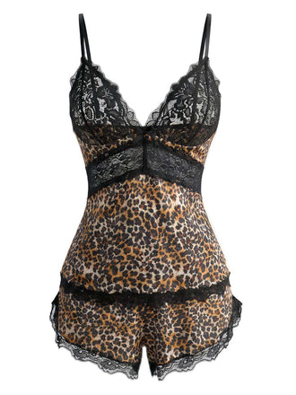 Pigiama in pizzo leopardato con spalline sottili marrone anni '70