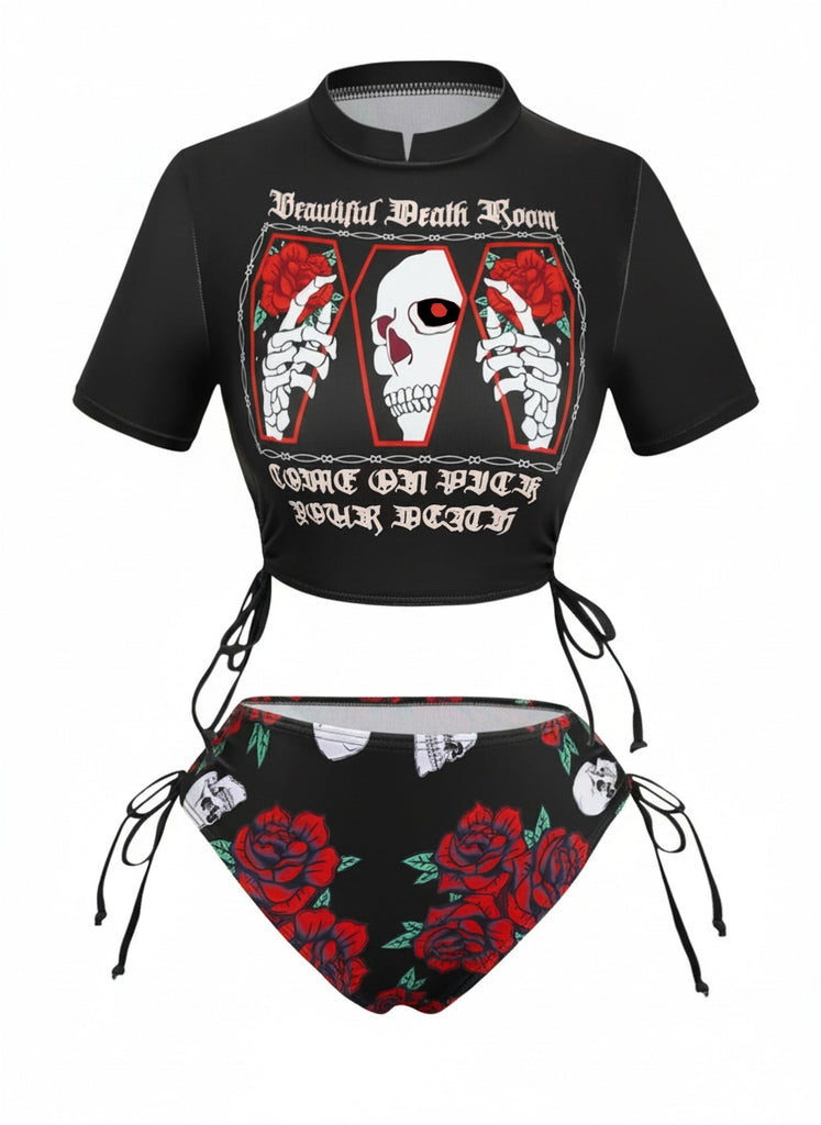 Tankini con grafica a teschio e rosa nero anni '80