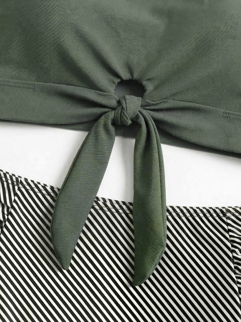 Set Tankini  Anni '40 Verde Oliva con Nodo Davanti a Vita Alta