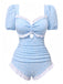 Costumi intero floreale con volant blu anni '40