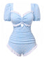 Costumi intero floreale con volant blu anni '40