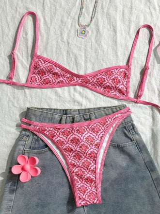 Bikini floreale con spalline sottili rosa anni '60