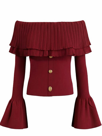 Top a maglia con maniche svasate e spalle scoperte bordeaux anni '60