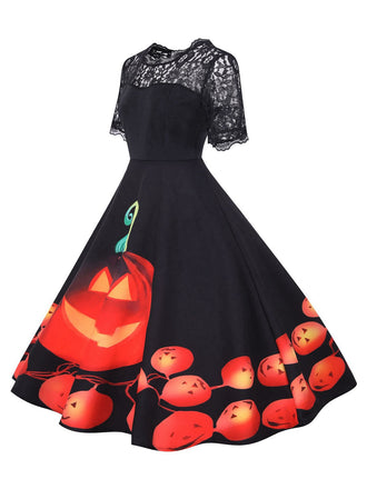 Abito patchwork con maniche in pizzo Halloween nero anni '50
