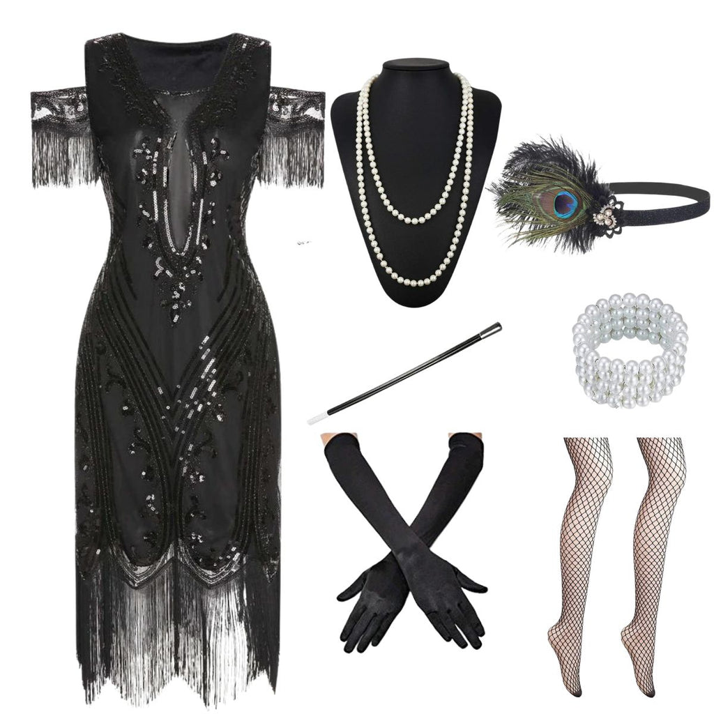 Abito con paillettes frange ricamate e 6 accessori anni '20