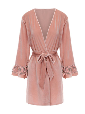 Vestaglia in velluto e polsini floreale con cintura rosa anni '80