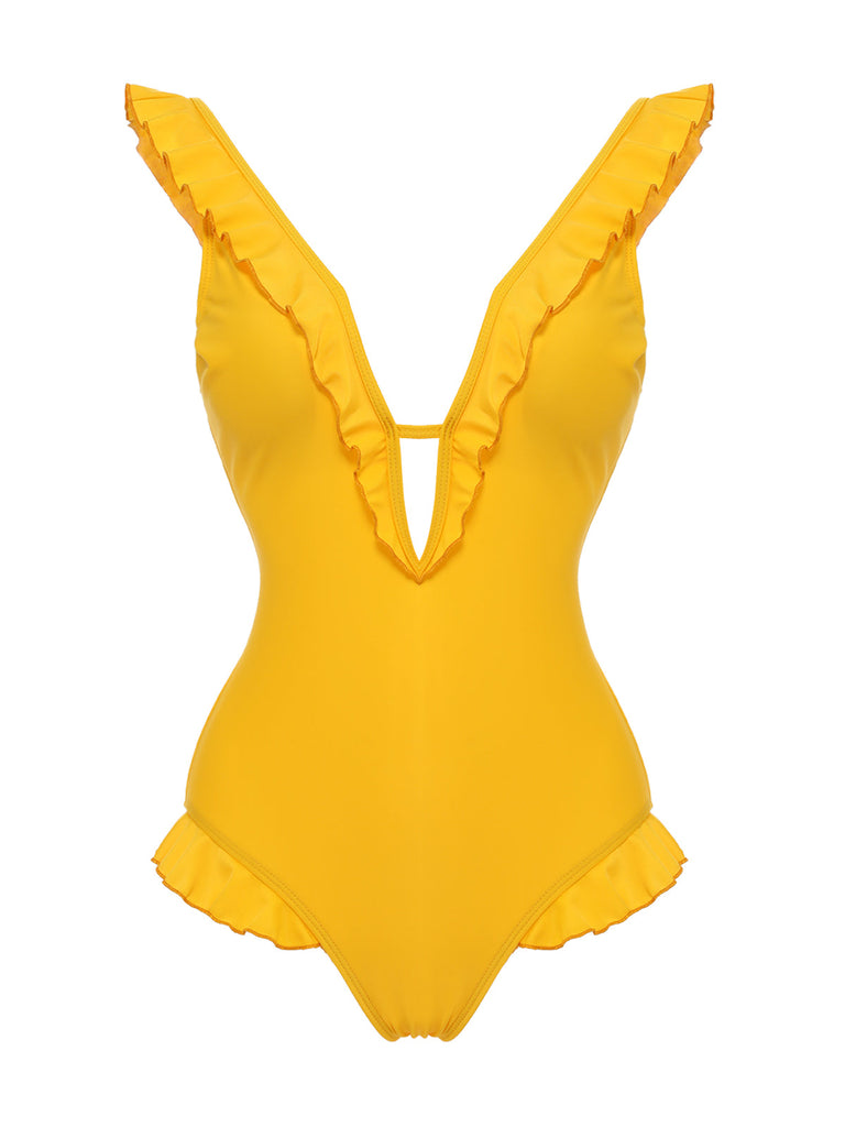 Costumi intero con scollo a V volant giallo anni '30