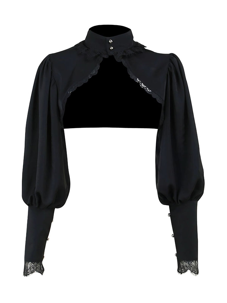 Top in pizzo gotico con collo alto nero anni '80