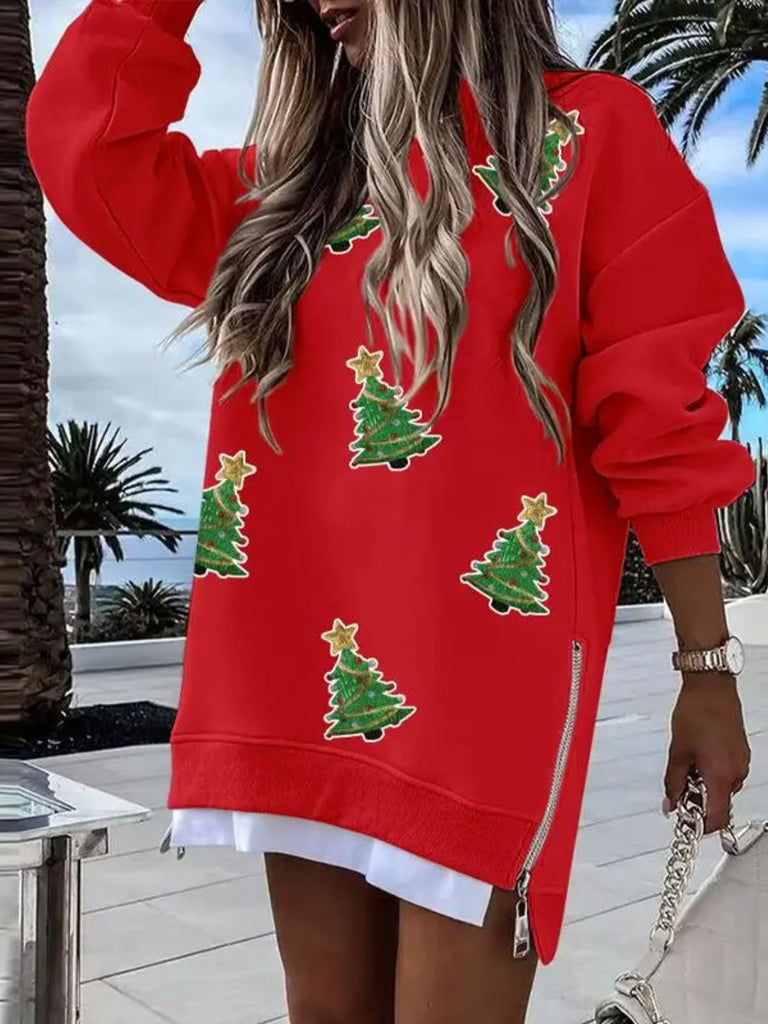 Felpa con paillettes e albero di Natale con cerniera rosso anni '70