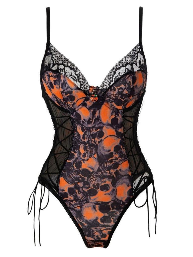 Collant in pizzo e teschio con spalline sottili arancione anni '70