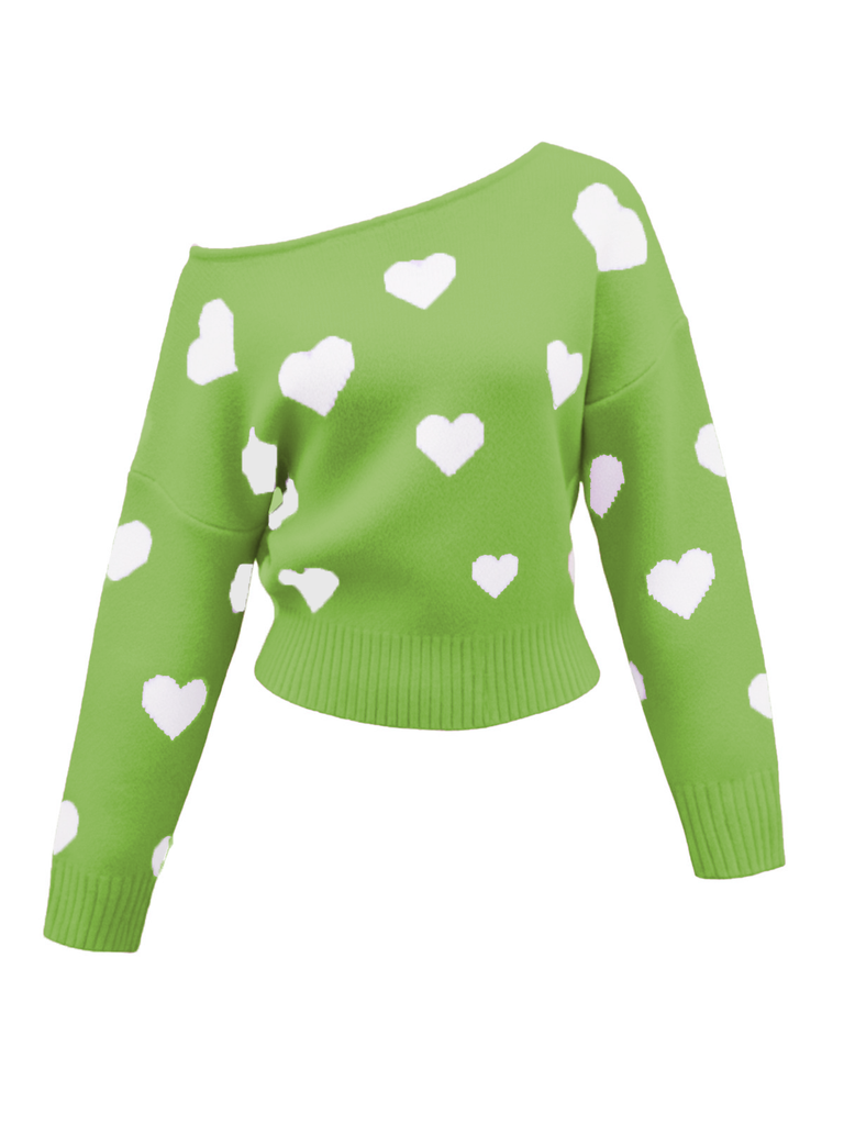 Maglione asimmetrico con spalle scoperte e cuore rosa anni '70