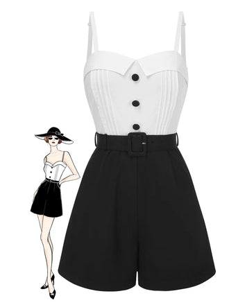 Tuta corta in cotone con spalline sottili bianco anni '50