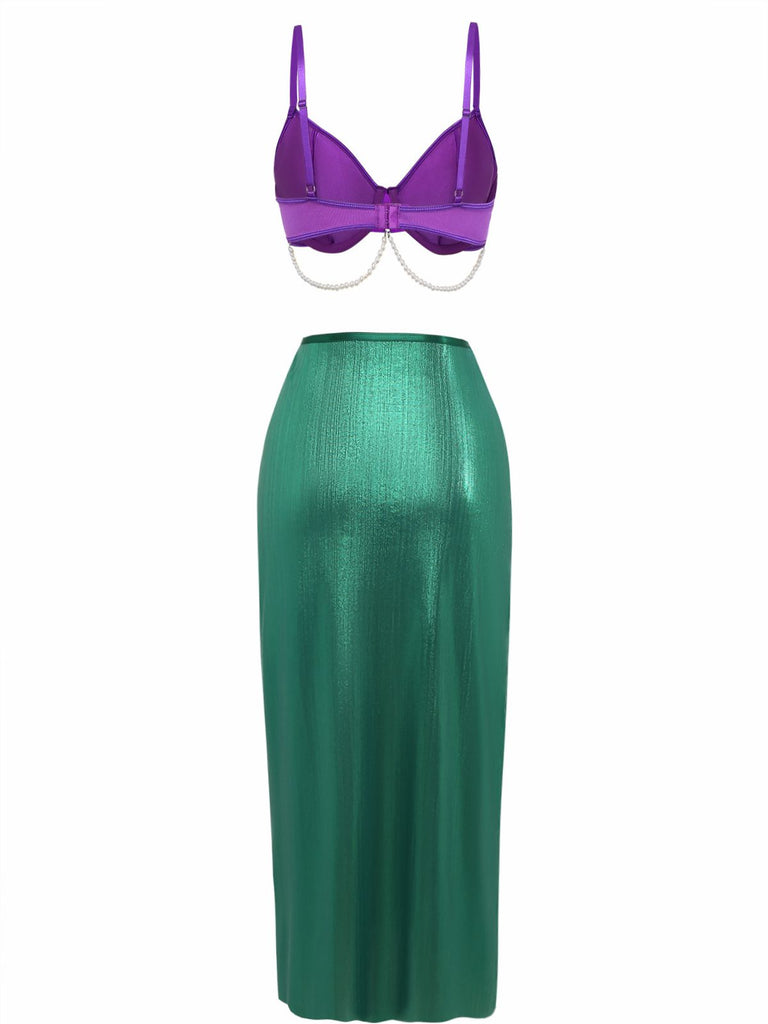 3PCS Pigiama viola anni '70 in raso di perle di mare con sirena