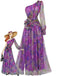 Abito da sera monospalla con 3D floreale in rete viola anni '30