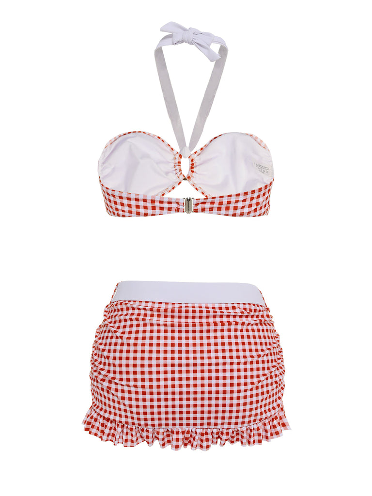 Set Bikini plaid scollo all'americana rosso anni '40