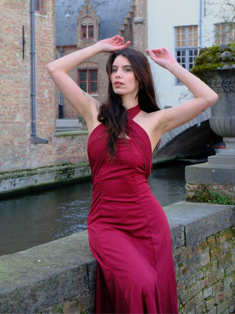 Abito convertibile senza spalline incrociato in chiffon tinta unita anni '30