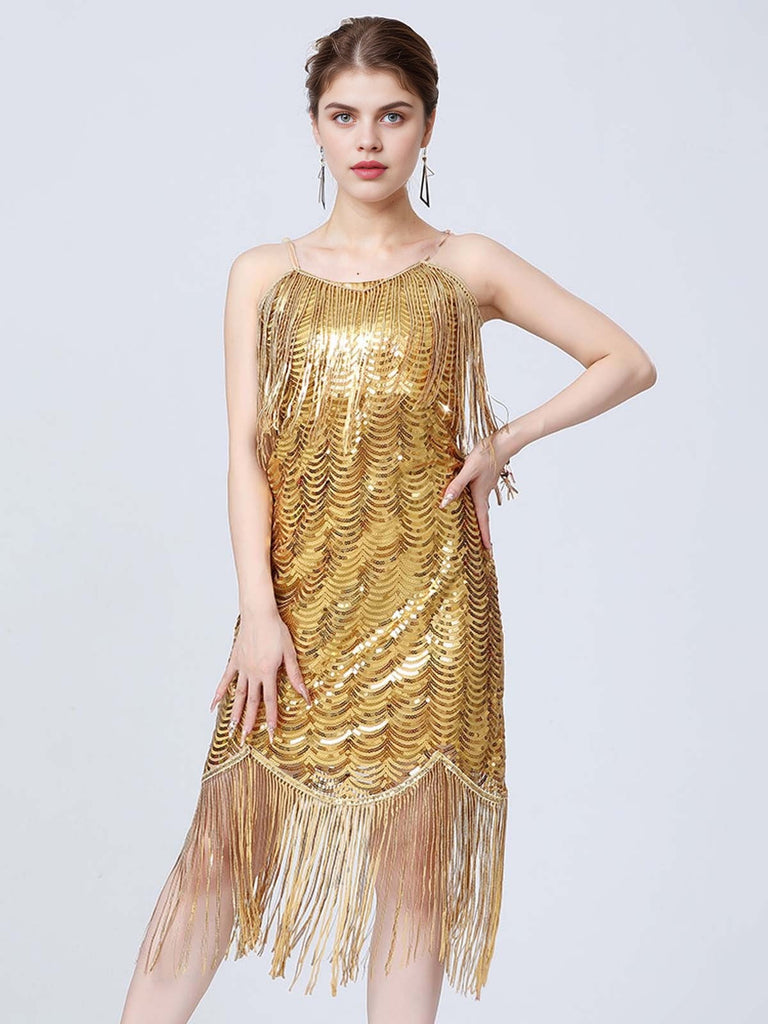 Abito da sera tunica con scollo a V e frange anni '20