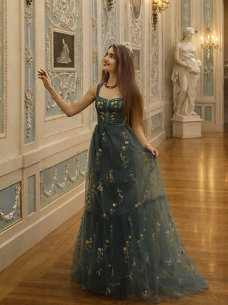 Abito floreale in rete con lacci e stecche verde anni '30