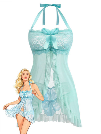 [Prevendita] Completo intimo in pizzo con fiocco e volant blu acqua anni '80