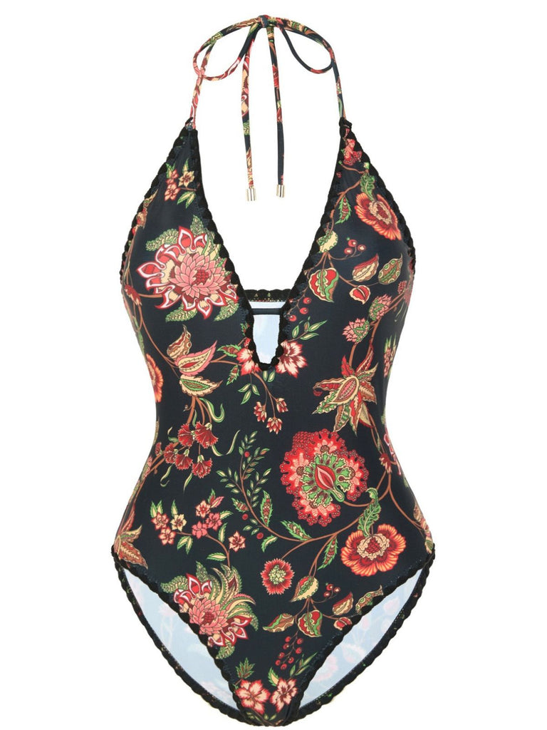 2PCS Costumi intero e copricostume con frange e floreale anni '60