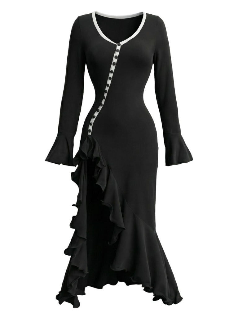 Abito midi volant con spacchi laterali e bottoni arricciati anni '30