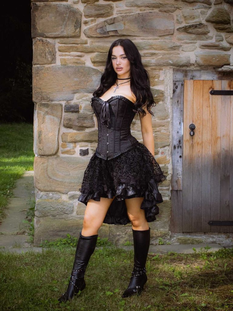 2PCS Corsetto in pizzo steampunk e gonna alta e bassa nero anni '70