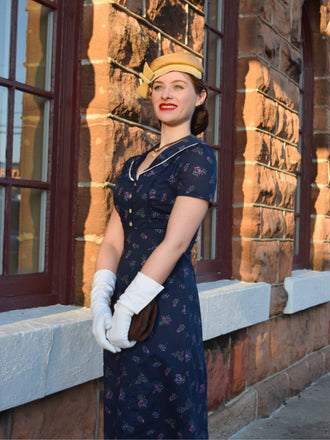 Abito floreale maniche a sbuffo puro cotone blu anni '40