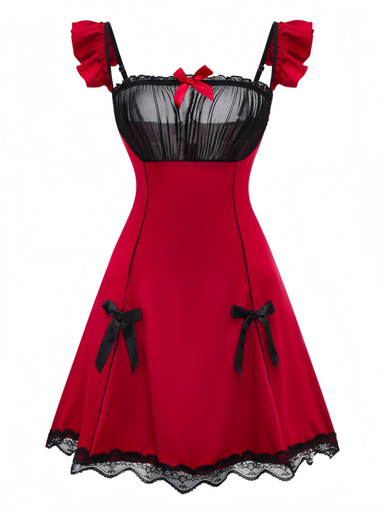 Camicia da notte con volant in pizzo a fiocco rosso anni '60