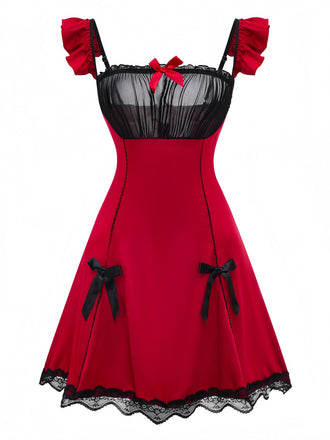 Camicia da notte con volant in pizzo a fiocco rosso anni '60