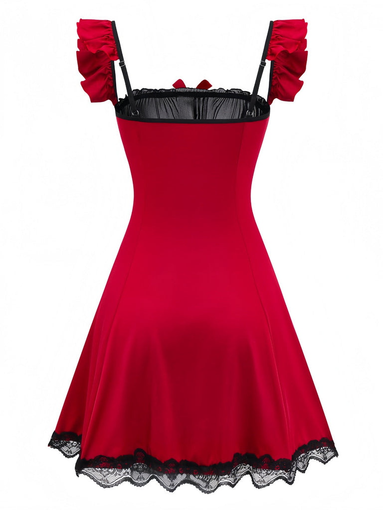 Camicia da notte con volant in pizzo a fiocco rosso anni '60