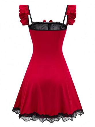 Camicia da notte con volant in pizzo a fiocco rosso anni '60