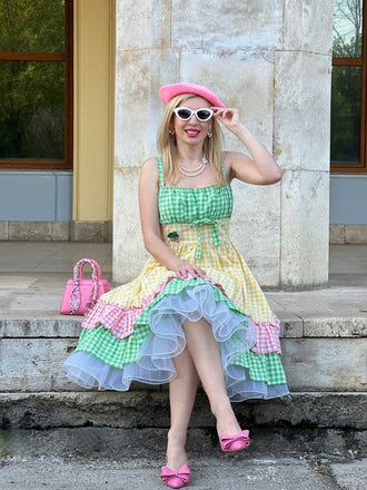 Abito patchwork multicolore anni '50 con spalline a quadri mostra