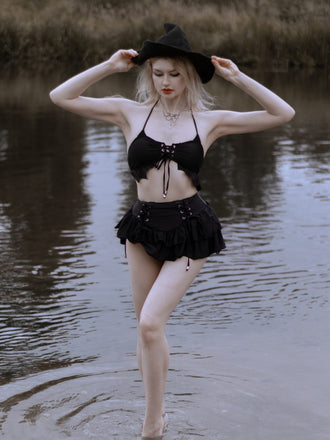 Set Bikini Nero Anni '50 con Scollo All'americana e Copricostume a Balze