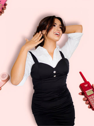 Abito bretelle bottoni in perla tinta unita Nero anni '60