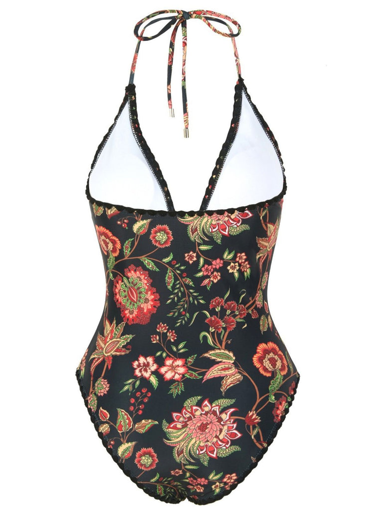 2PCS Costumi intero e copricostume con frange e floreale anni '60